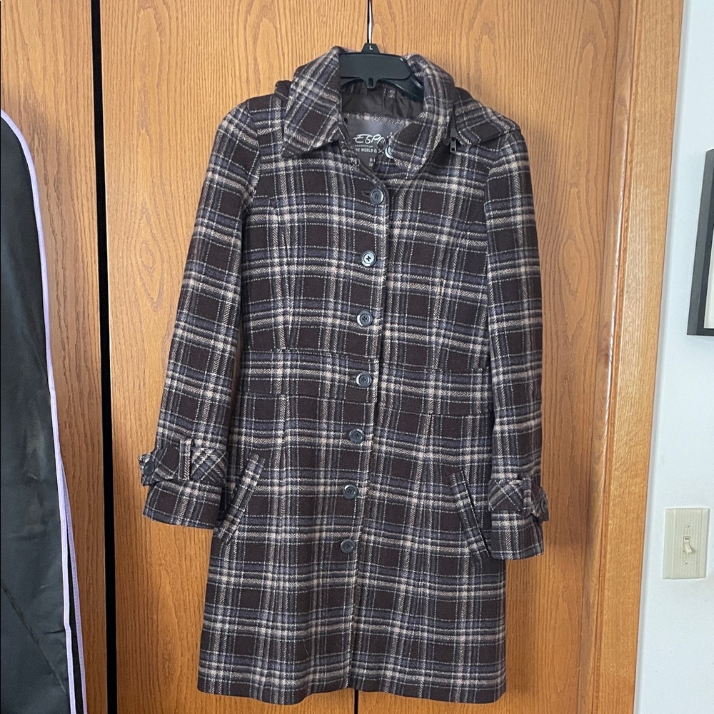 Esprit Wool blend Plaid Y2K long Coat. Removable hood. Size 6